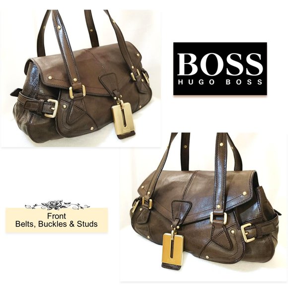 HUGO BOSS Dark Brown Genuine Leather Satchel Handbag Carry Flap Top Dual Handles - Picture 4 of 12